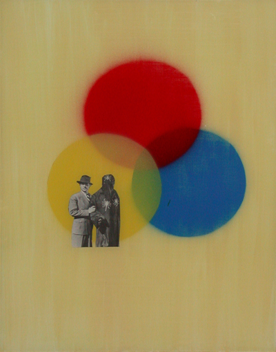 <i>Bad Guys</i>, 2006, collage paper, spray paint, tile primer on primed glass, 15 3/4 x 11 3/4 inches (40 x 29.8 cm)