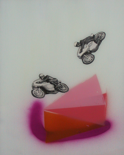 <i>Motorcycle IV</i>, 2006, collage paper, spray paint, tile primer on primed glass, 15 3/4 x 11 3/4 inches (40 x 29.8 cm)