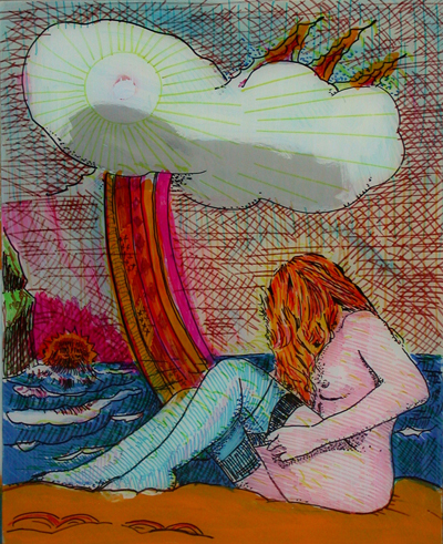 <i>Woman & Sea Monster</i>, 2006, collage paper, latex acrylic on primed glass, 15 3/4 x 11 3/4 inches (40 x 29.8 cm)