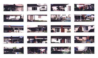 <i>20 Backyards In Garden Grove, California photographed with a disposable panoramic camera held above the head revealing what could not be seen over the cinderblock walls</i>, 2003, photographic collage, lightjet print, 28 x 44 inches (71.1 x 111.7 cm), edition of 4