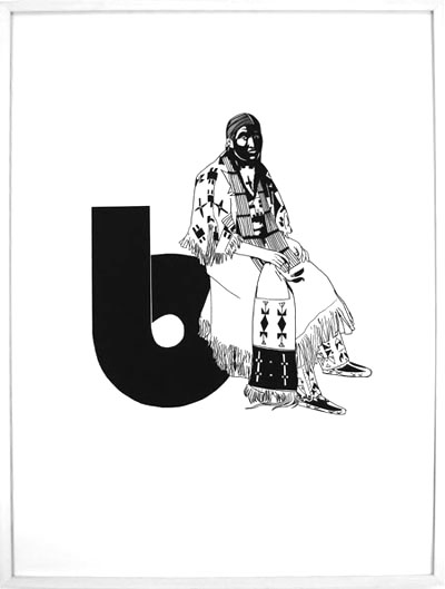 <i>Sioux Girl and b Typography by Herbert Bayer, 1926</i> (from the Bauhaus series), 2006, gouache, marker, 40 x 29 7/8 inches (101.6 x 75.89 cm), photo credit: Claire Lesteven