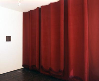 <i>Umbria Cranberry Fold</i>, 2004, medieval linenfold panel, fabric, 119 x 158 inches (300 x 400 cm)