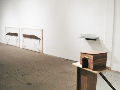 Cheyney Thompson, background:<i>Two Tables</i>, 2000, acrylic on organza, 60x84 ins (152.5x213.5 cm) each; <i>Dwelling</i>, 2000, wood, paint, varnish