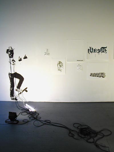 Bruno Peinado, <i>Chic and Underground</i>, 2002, installation view, enamel on sheet rock, enamel on paper, halogen and neon lights