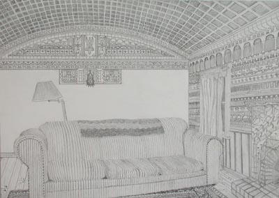 Mike Rogers <i>Living Room</i>, 2000, prencil on paper, 14x20 ins (35,5x51 cm)
