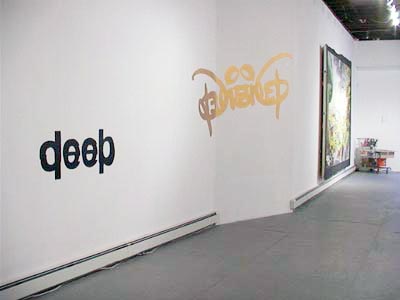 Tim Laun, <i>Logo Drawing (gold)</i>, and <i>Logo Drawing (black)</i>2002, spray paint on sheetrock; Four Walls Film and Slide Club, <i>Living Mural</i>, 2001 - 2002, acrylic on sheetrock