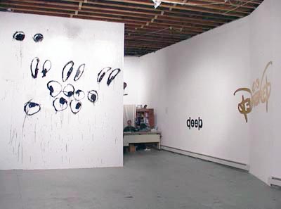 Joyce Pensato, <i>Boystown Eyes</i>, 2002, enamel on sheetrock; Tim Laun, <i>Logo Drawing (gold)</i>, and <i>Logo Drawing (black)</i>2002, spray paint on sheetrock