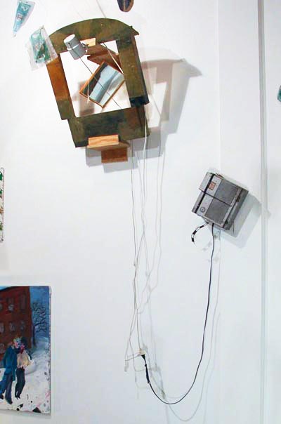 John Bjerklie, <i>Petit Cadre</i>, 2004, zood, electric light, fabric, TV monitor, mirror, PVA and pigment