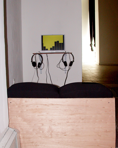 <i>Relay</i>, 2006, video sound installation: computer monitor, DVD player, bench, cushions, 5'36 minutes, edition of 3
