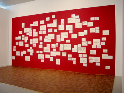 <i>Grand Detour</i>, 2006, installation, pencil, color pencil and sepia watercolor on Cartridge paper, acrylic paint and pencil, parquet flooring, 120 x 260 x 120 inches (304.8 x 660.4 x 304.8 cm)