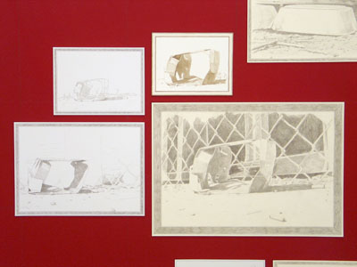 <i>Grand Detour, (detail)</i>, 2006, installation, pencil, color pencil and sepia watercolor on Cartridge paper, acrylic paint and pencil, parquet flooring, 120 x 260 x 120 inches (304.8 x 660.4 x 304.8 cm)