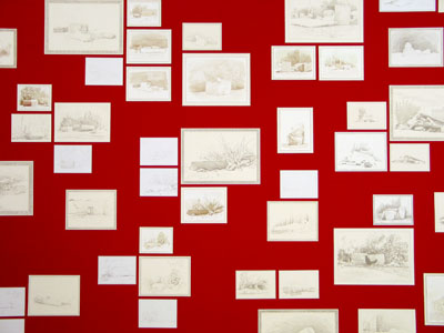 <i>Grand Detour, (detail)</i>, 2006, installation, pencil, color pencil and sepia watercolor on Cartridge paper, acrylic paint and pencil, parquet flooring, 120 x 260 x 120 inches (304.8 x 660.4 x 304.8 cm)