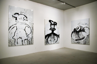 Exhibition view of <i>This Must Be The Place</i>, left to right: <i>Mr. MotoMickey</i>, 2006, enamel on linen, 120 x 72 inches (304.8 x 182.8 cm); <i>Donald Rising</i>, 2006, enamel on linen, 90 x 72 inches (177.8 x 152.4 cm); <i>Zozo</i>, 2006, enamel on linen, 90 x 72 inches (177.8 x 152.4 cm)