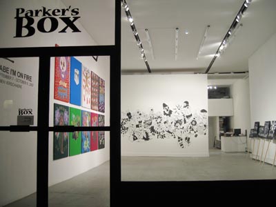 Exhibition View <i>Babe I'm On Fire</i>, Parker's Box, 2007, left to right: <i>Lincoln's Booth, 2006; <i>The School</i>, 2006