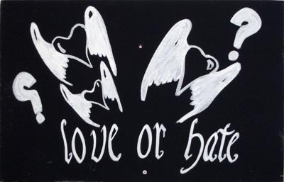 <i>Love Or Hate?</i>, 2007, white marker and acrylic on board, wood, board size: 14 1/2 x 22 inches (37 x 56 cm), overall: 50 3/8 x 22 inches (128 x 56 cm)