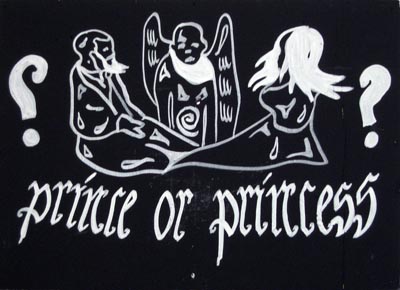 <i>Prince Or Princess?</i>, 2007, white marker and acrylic on board, wood, board size: 17 1/2 x 24 1/16 inches (44 1/2 x 61 cm), overall: 53 1/2 x 24 1/16 inches (136 x 61 cm)