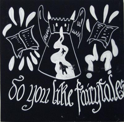 <i>Do You Like Fairytales?</i>, 2007, white marker and acrylic on board, wood, board size: 24 x 24 inches (61 x 61 cm), overall: 59 15/16 x 24 inches (152 1/2 x 61 cm)