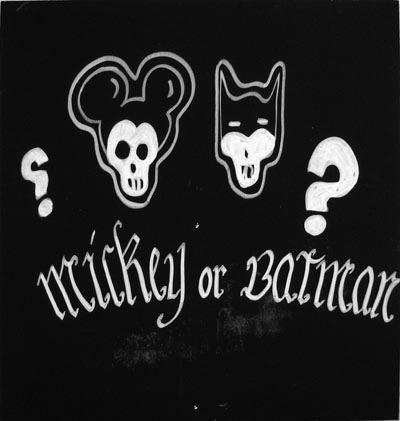 <i>Mickey Or Batman?</i>, 2007, white marker and acrylic on board, wood, board size: 24 x 23 15/16 inches (61 x 61 cm), overall: 59 15/16 x 23 15/16 inches (152 x 61 cm)