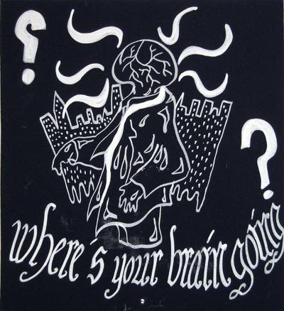<i>Where's Your Brain Going?</i>, 2007, white marker and acrylic on board, wood, board size: 23 13/16 x 24 1/16 inches (61 x 61 cm), overall: 59 3/4 x 24 1/16 inches (151 x 61 cm)
