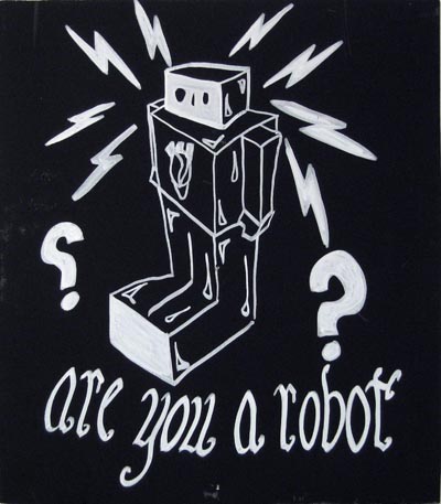 <i>Are You A Robot?</i>, 2007, white marker and acrylic on board, wood, board size: 23 11/16 x 23 7/8 inches (60 x 60 1/2 cm),overall: 59 5/8 x 23 7/8 inches (151 1/2 x 60 1/2 cm)