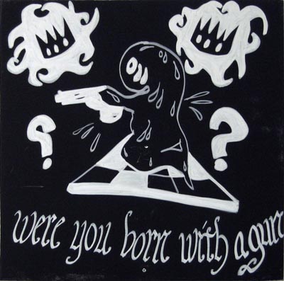 <i>Were You Born With A Gun?</i>, 2007, white marker and acrylic on board, wood, board size: 23 13/16 x 24 inches (60 1/2 x 61 cm), overall: 59 15/16 x 24 inches (152 1/2 x 61 cm)