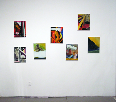 Exhibition View <i>Graphic Fuzz</i>, Parker's Box, 2007, left to right: <i>Abstract Red Stripes</i>, 2006; <i>Nude With Snow Girl</i>, 2006; <i>Nude In The Cloud</i>, 2006; <i>Boxing Gloves</i>, 2006; <i>Woman ^& Sea Monster</i>, 2006; <i>Back</i>, 2006; <i>Mountain & River</i>, 2006