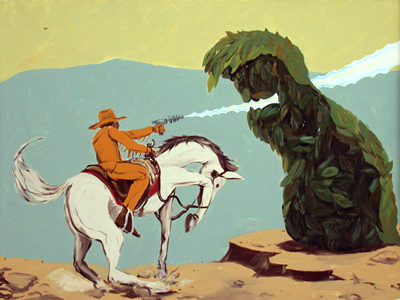 <i>Cowboy Vs. Leaf Monster</i>, 2006, latex acrylic on unstretched canvas, 84 x 112 1/2 inches (213.3 x 285.7 cm)