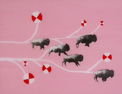 <i>Bisons</i>, 2006, collage paper, spray paint, tile primer on primed glass, 11 3/4 x 15 3/4 inches (29.8 x 40 cm)