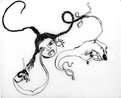 Chitra Ganesh, <i>Untitled (noose and braid)</i>, 2006, Sumi ink on velum, 14 x 17 inches(35.6 x 43.2 cm)