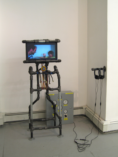 David Bronson, <i>The Circuit's Console</i> 2007, metal pipe, found objects, paint, wire, flatscreen LCD monitor, standard definition and high definition 25 min video, original soundtrack, 63 x 32 x 22 inches (130 x 80.3 x 55.9 cm)