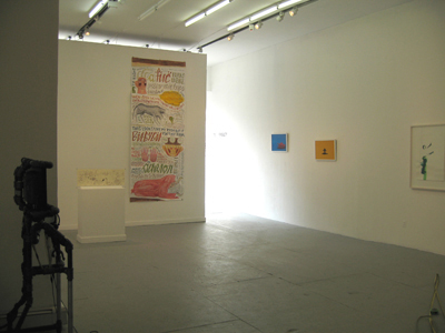 Exhibition view of <i>The Troubled Waters of Permeability!</i>, left to right:David Bronson, <i>The Circuit's Console</i>, 2007; Paul Hoppe, <i>Lemonlime Coffee Shop</i>, 2004; Nora Krug, <i>Acheron (After Borgès, 'A Universal History of Infamy')</i>, 2006; Pamela Hadfield, <i>Bang<i>, <i>Man With A Gun</i>, 2006;  Géraldine Pastor-Lloret, <i>Untitled (man with headband) (from the 'Green Flash' series)</i>, 2005
