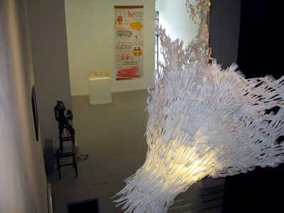 Exhibition view of <i>The Troubled Waters of Permeability!</i>, left to right: Soeyon Cho, <i>Catsle</i>, 2007; David Bronson, <i> The Circuit's Console</i>, 2007; Paul Hoppe, <i>Lemonlime Coffee Shop</i>, 2004; Nora Krug, <i>Acheron (After Borgès, 'A Universal History of Infamy')</i>, 2006