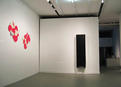 <i>Selection Box</i>, exhibition view, Parker's Box, 2007, left to right: Beatriz Barral, <i>Twins (Electric Pink) I-II</i>, 2004; Bruno Peinado, <i>Untitled (Flat Black California Custom Game Over)</i>, 2005