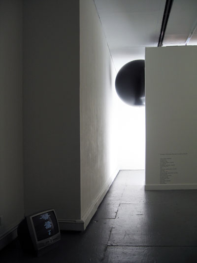 <i>One Second Of Silence</i>, exhibition view, Parker's Box, 2008; left to right: <i>Ground Control</i>, 2008, polypropylene object, helium, air, balloon diameter: 59 inches (150 cm); wall text piece, sound, variable dimensions