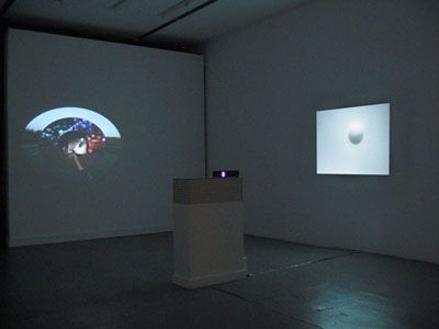 <i>Mortal Coil</i>, exhibition view, Parker's Box, 2008; clockwise left to right: Simon Faithfull, <i>Orbital No.1</i>, 2002; Edith Dekyndt, <i>Slow Object 05</i>, 2004